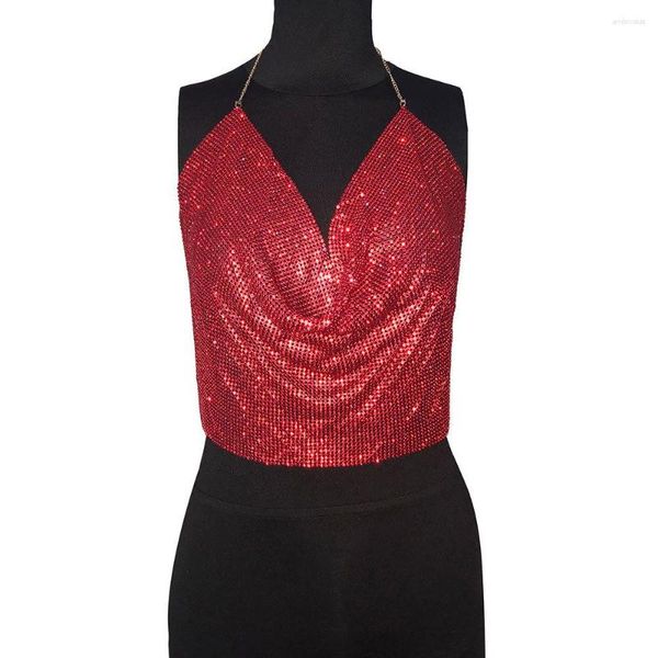 Damen Tanks Frauen Sexy Nachtclub Party Festival Strass Neckholder Crop BH Tops Funkelnde Kristall Metall Körperkette Sommer Strand Kettenhemd