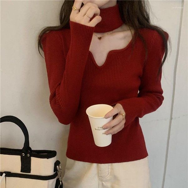 Maglioni da donna Ragazza Solido Elegante Chic Maglione coreano T-shirt a coste Office Lady Y2K Abbigliamento Moda Casual Pullover Top femminili di base