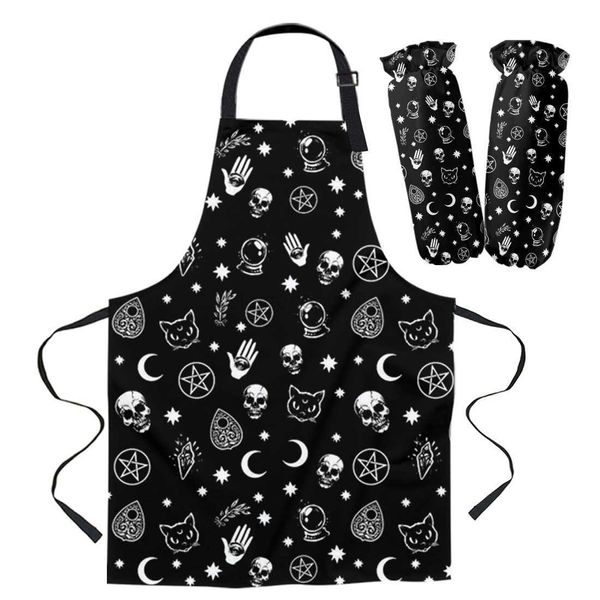 Küchenschürzen-Set, schwarze Hexe, Totenkopf, Mond, Wahrsagerei, Küchen-Lätzchen, Ofenhandschuhe zum Kochen, Frau, Kinderschürzen, Manschetten, Backzubehör