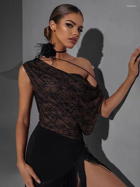 Stage Wear 2023 Sexy Ombro Oblíquo Latin Dance Top Mulheres Lace One Piece Prática Terno Adulto Bodysuit