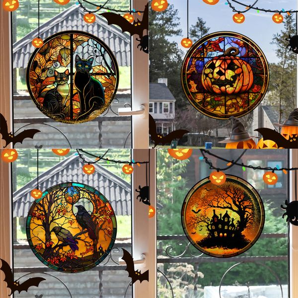 Adesivi murali Halloween colorato colorato castello dell'orrore gatto statico PVC finestra vetro colla pellicola decorativa gratuita festa decorazione della casa 230829