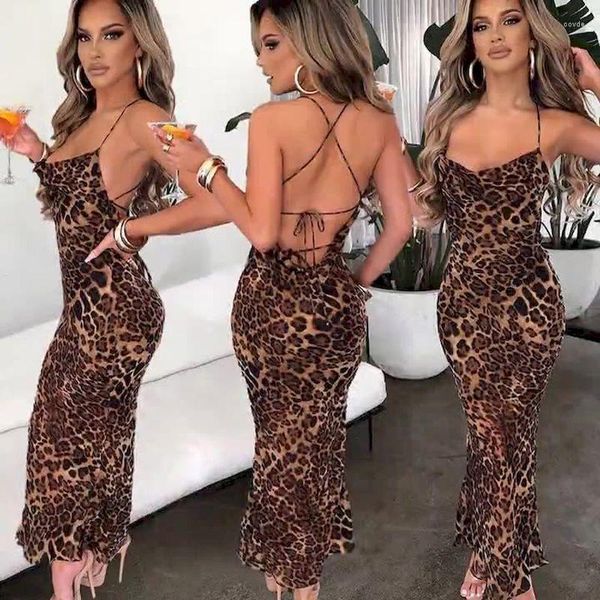 Vestidos casuais vintage leopardo impressão sexy sem costas rendas até bodycon elegante balançando colarinho vestido de noite verão festa clube senhora robe