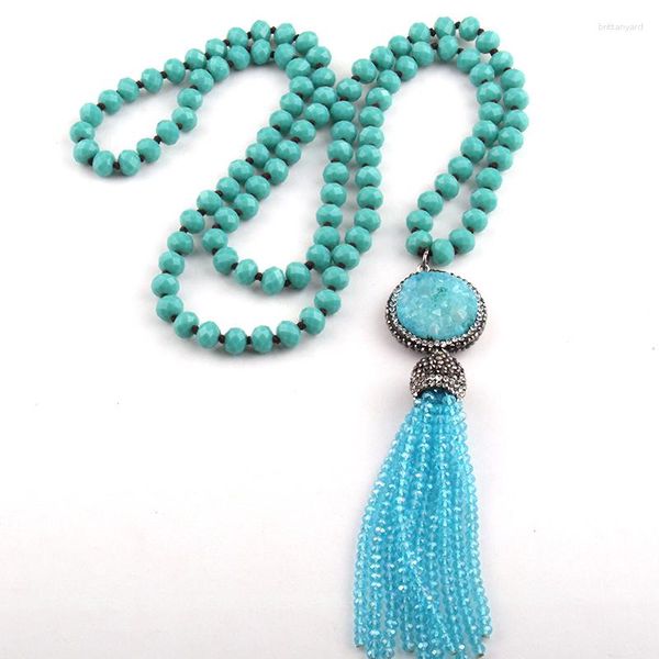 Colares de pingente Bohemian Tribal Jóias Long Knotted Crystal Glass Bead Druzy e Tassel