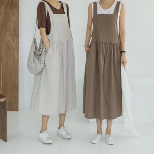 Lässige Kleider, ärmellos, für Damen, Sommerkleid, lockerer quadratischer Ausschnitt, plissiert, einfarbig, Tanktop, tiefe Achselhöhle, großer Saum, Damenkleidung