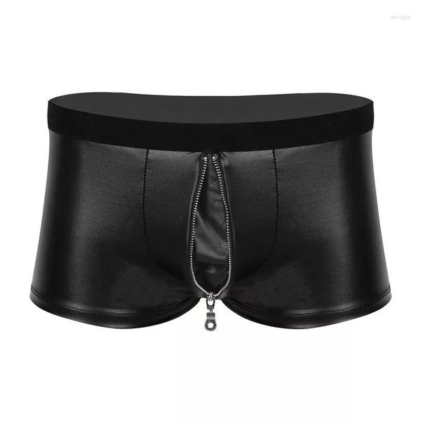 Cuecas homens sexy aberto virilha de couro calças curtas para sexo zíper crotchless patente macia fetiche boxer erótico pornô sexi