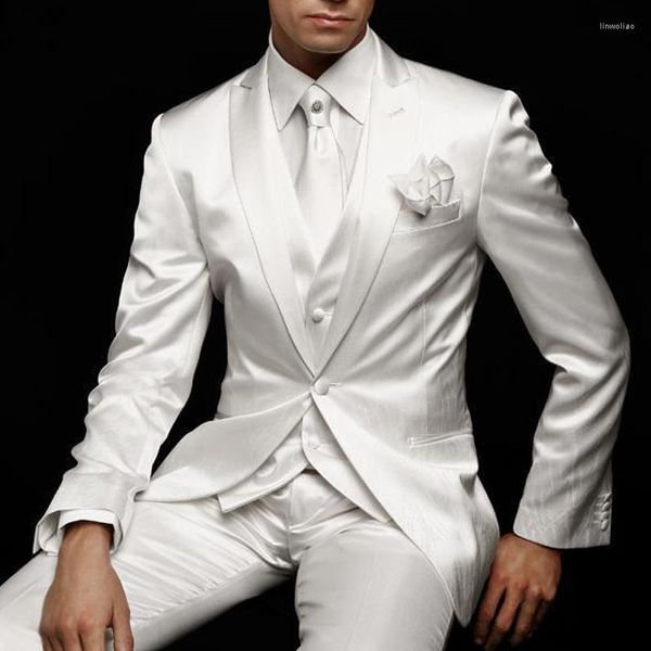 Ternos masculinos de casamento branco terno para noivo smoking 2023 magro ajuste festa de baile personalizado cetim homens 3 peça jaqueta calças colete roupas masculinas