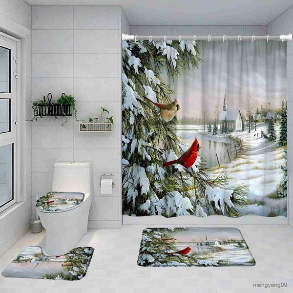 Cortinas de chuveiro paisagem cortina de chuveiro tapetes de banho conjunto pássaro vermelho berry natal decoração do banheiro tapete anti-deslizamento capa r230830