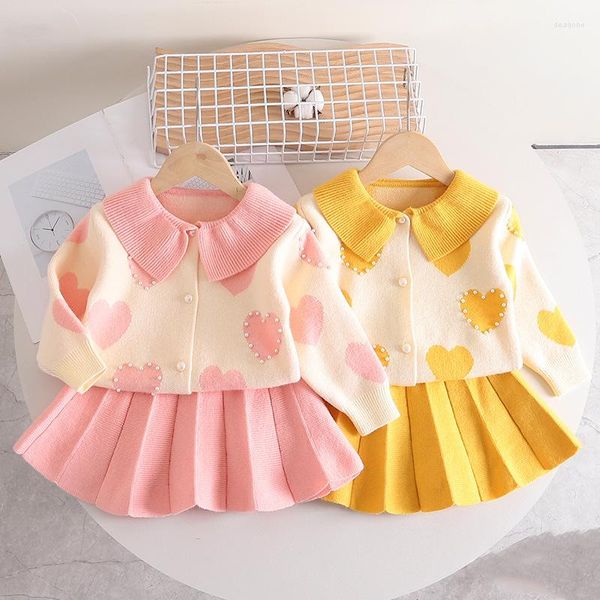 Giyim setleri moda bebek kazak seti etek 2024 Sonbahar/Kış Kızlar Aşk İnci Örme Hırka Pileli Tatlı İki Parça