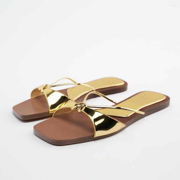 Slippers Summer Fashion Casual Flats Женщины Slip-On Обувь Золотая завязанная сандалии ol ol zapatos de mujer 2023