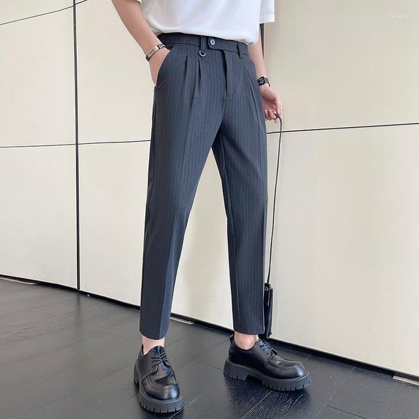 Herrenanzüge Sommer Knöchellange gestreifte Anzughose für Männer Kleidung 2023 Business Casual Slim Fit Gerade Bürohose Schwarz 36