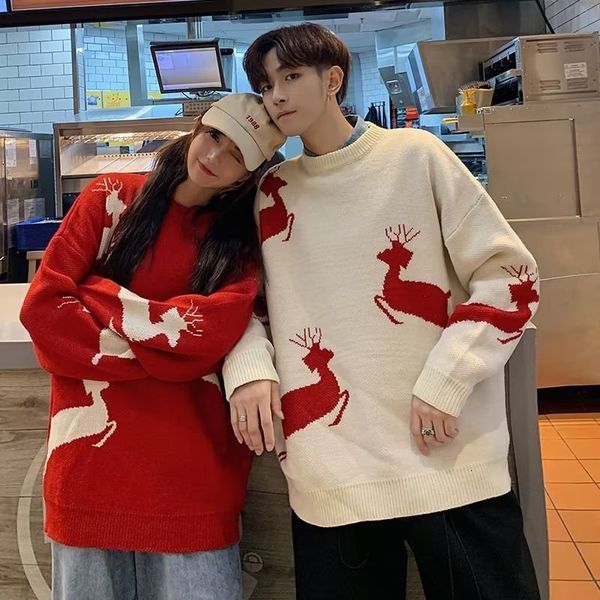Suéteres masculinos y2k casal pullovers elk print camisola vermelha tendência de natal outono coreano roupas de rua marca casual solto o-pescoço malha masculino 230830