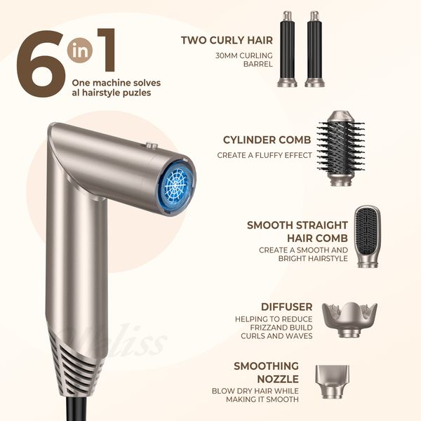 Ds vs secadores de cabelo profissional escova de ar 6 em 1 secador dobrável golpe intercambiável escovação cabeça estilo curling wand 230829 mix lf