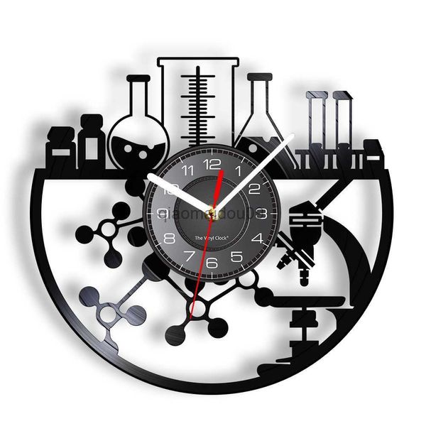 Настенные часы Химический эксперимент виниловый рекорд стены маловой химии микроскоп булочка с горелкой ретро стены лабораторные лабораторные науки декор часы HKD230830