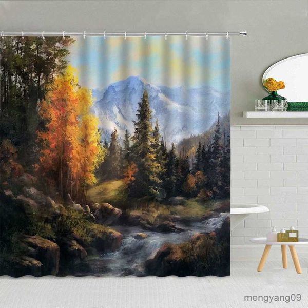 Tende da doccia Pittura Scenario Tenda da doccia 3D Foresta Montagna Cascata Tessuto Forniture per il bagno Tende appese Decorazioni per la casa R230830