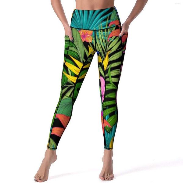 Leggings femininas coloridas planta hawai tropical treino yoga calças push up engraçado leggins padrão de secagem rápida esportes collants presente