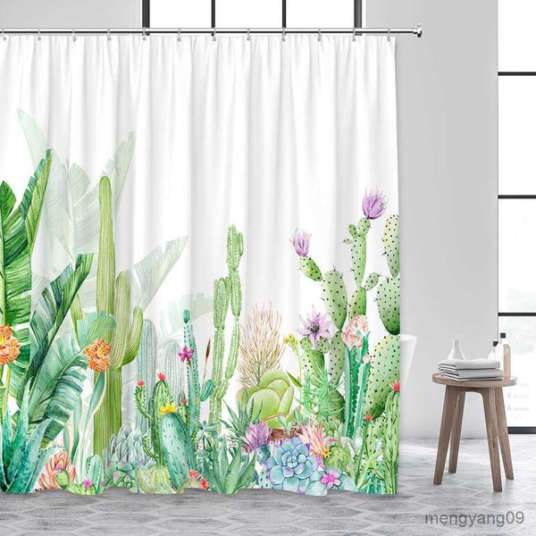 Cortinas de chuveiro Plantas Verdes Flores Cortina de Chuveiro Cacto Tropical Folhas de Bambu Outono Borboleta Girassol Cortinas de Banho Tecido Decoração de Banheiro R230830