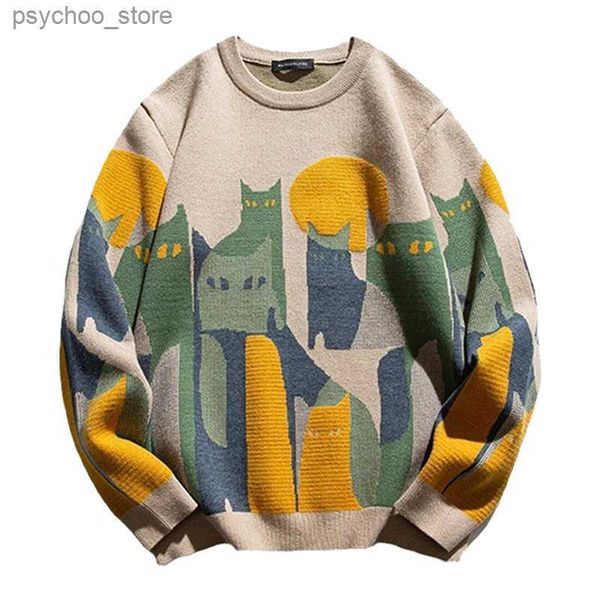 Harajuku giapponese maglione lavorato a maglia uomo donna cartone animato pieno gatto stampa pullover vintage causale maglioni allentati streetwear autunno Q230831