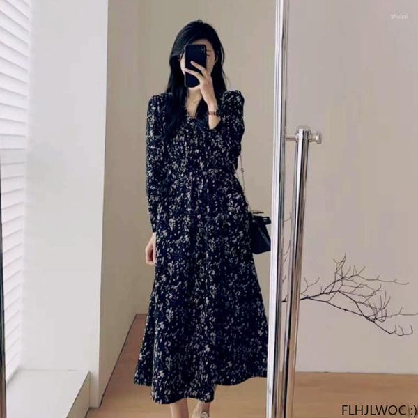 Повседневные платья шикарные в стиле япония дизайн женский vestidos werdy v fashion v шее ретро винтажное черное цветочное принт длинное платье для кружева