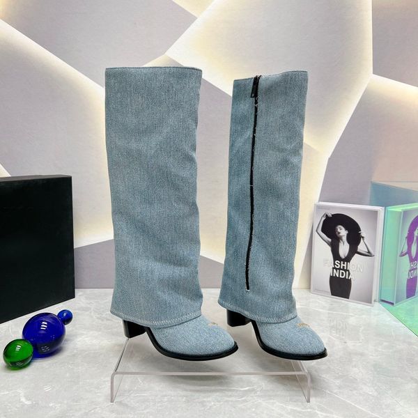 Neue Denim-Cowboy-Viola-Stiefel mit halbem Knie und Reißverschluss, klobige Blockabsätze, spitze Zehen-Booties, Damen-Luxusdesigner, Ledersohle, modische Partyschuhe, Fabrikschuhe, Größe 35–41