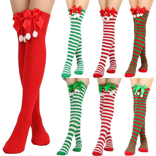 Frauen Socken Mode Weihnachten Bowknot Lange Gestreifte Ball Anhänger Strümpfe Über Knie Elegante Hochzeit Party Cosplay Prop