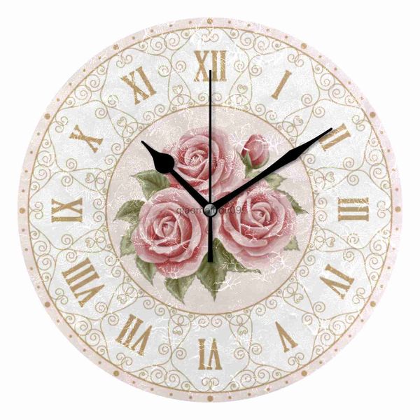 Relógios de parede Vintage Rose Flower Print Rodada Relógio de parede Bateria Operado Non-Ticking Relógio de parede silencioso Relógio de mesa silencioso para decoração de sala de estar HKD230830
