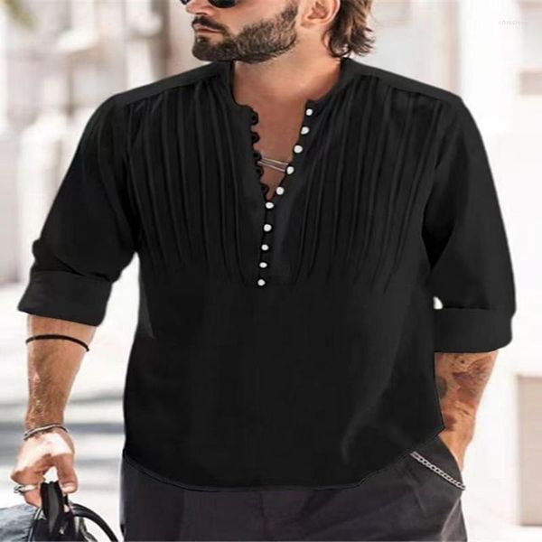 Camisetas masculinas moda confortável casual algodão linho manga comprida decote em v tops roupas vintage