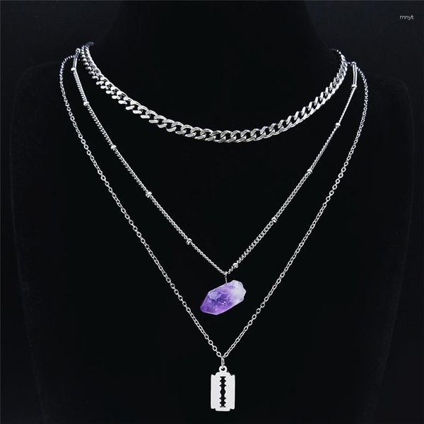 Collane con ciondolo 2023 viola cristallo naturale acciaio inossidabile stregoneria lama a strati collana donna gioielli in argento Collier Femme