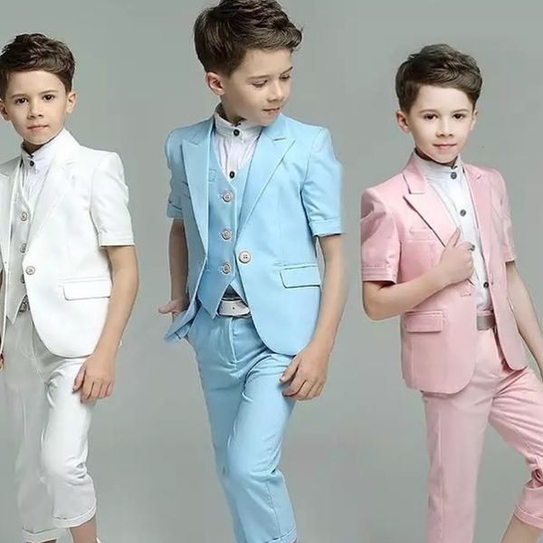 Suits Boys yaz düz renkli takım elbise üç parça set kısa kollu pantolon yelek 2023 moda tek düğmesi yakışıklı fit resmi 230830