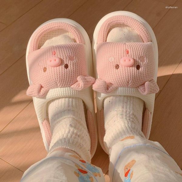 Chinelos de chão feminino outono fundo grosso linho macio respirável porco bonito dos desenhos animados quarto casa sapatos zapatillas de interior