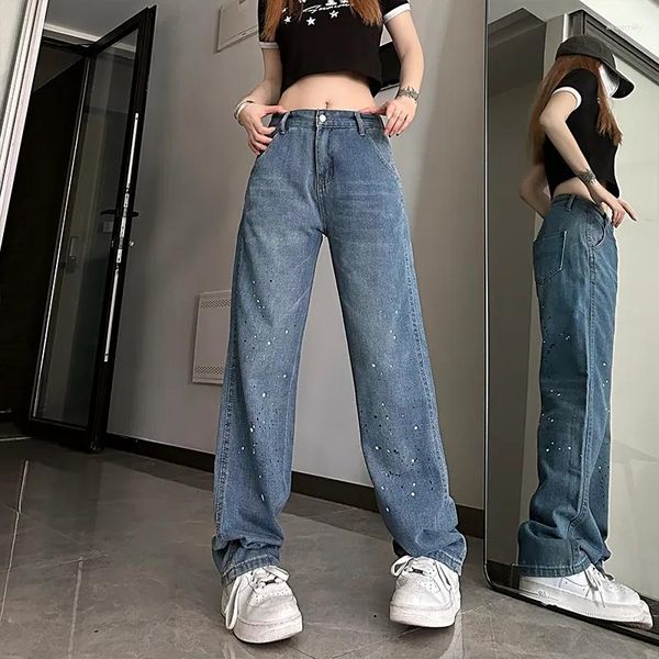 Jeans femininos 2023 respingo-tinta y2k baggy mulheres estilo americano streetwear calças casuais vintage cintura alta calças de perna larga