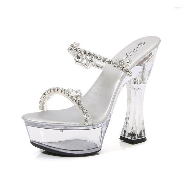 Chinelos LTARTA Sapatos Femininos Salto Grosso Strass Nightclub Salto Alto Luminoso Passarela Cristal 10365 Série 14cm 4cm Plataforma LFD