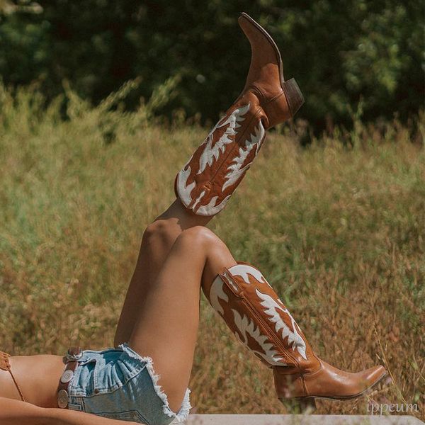 Сапоги IPPEUM, ковбойские сапоги в стиле вестерн для женщин, кожаные сапоги до колена с вышивкой Firebird, коричневые туфли в стиле кантри в стиле вестерн, 230829