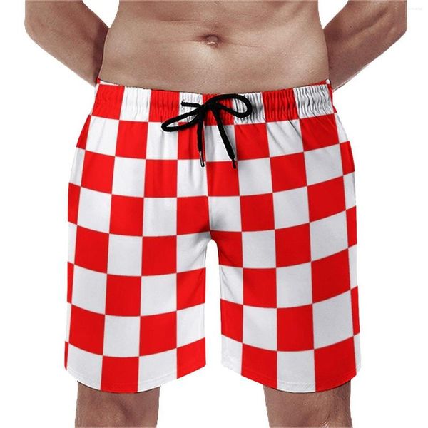 Herren-Shorts, Sommer, Fitnessstudio, kroatisches Schachbrettmuster, Sport, rot, weiß, quadratisch, individuelle Board-Shorts, Retro, schnell trocknende Badehose, große Größe