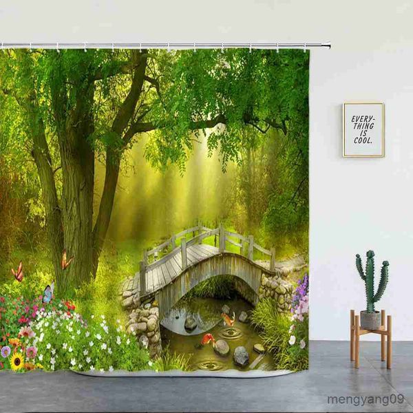 Cortinas de Chuveiro Floresta Cachoeira Paisagem Cortinas de Chuveiro Floresta Tropical Verde Bambu Montanha Impresso Tecido Luxo Decoração de Banheiro R230830