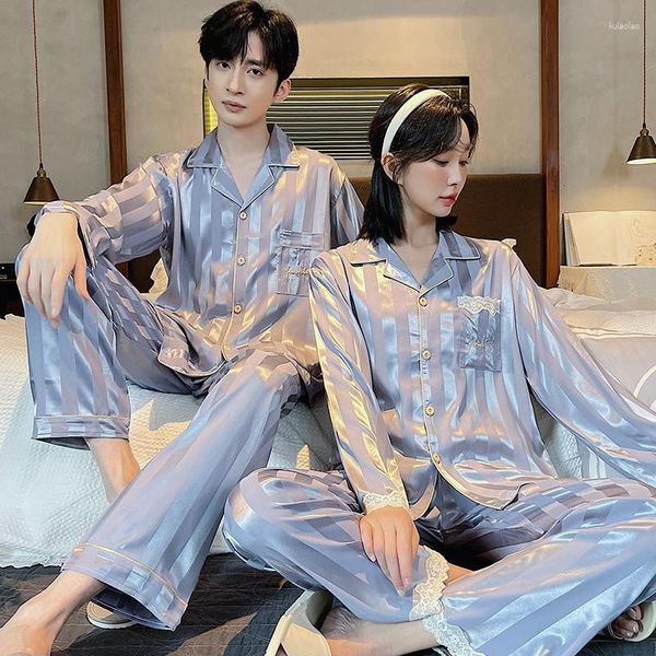 Männer Nachtwäsche 2023 Sommer Paar Langarm Seide Satin Pyjama Sets Für Männer Casual Gestreiften Frauen Homewear Pijama Mujer Hause kleidung