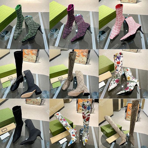 Lüks marka İtalya yüksek topuklu elbise ayakkabıları kadın ince topuk kısa botlar düz çiçek motifi 5 7.5 8cm kare nokta ayak parmakları teknik örgü ayak bileği boo 25y6#