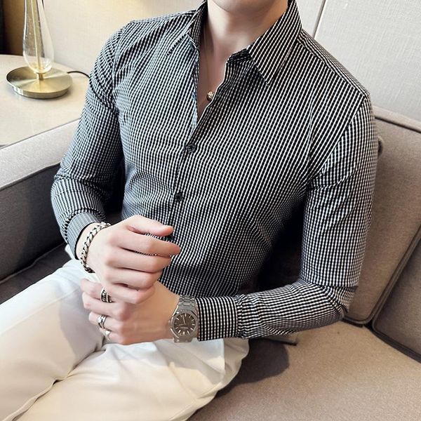 Erkekler Sıradan Gömlekler Bahar Moda Uzun Kollu Erkekler İçin Ekose 2023 Basit V Boyun İnce Fit Prom Smokin resmi aşınma bluzları