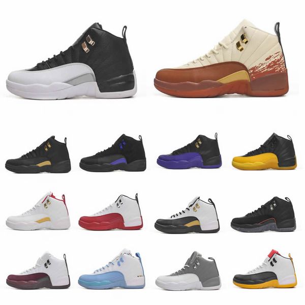 2023 12 12s Nero Campo Viola Scarpe da basket da uomo Uomo Scarpe da ginnastica sportive di alta qualità Università Nero Giallo Bianco Influenza Gioco Playoff Reverse Royal Gym Red Taxi 7-13