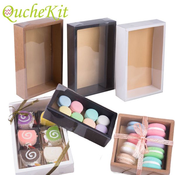 Подарочная упаковка 10 шт. Подарочная коробка Kraft Clear PVC Window Macaron Cookie Candy Cakebaging Box с прозрачной крышкой рождественская свадебная вечеринка 230829