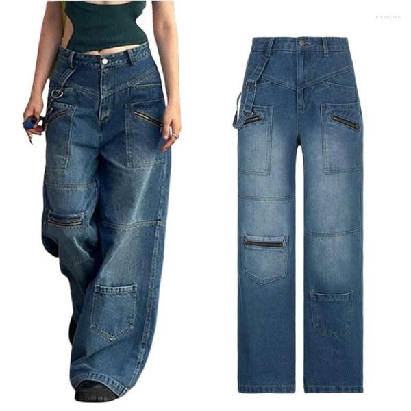 Jeans feminino estilo americano baggy alto multi bolso zíper reto calças largas