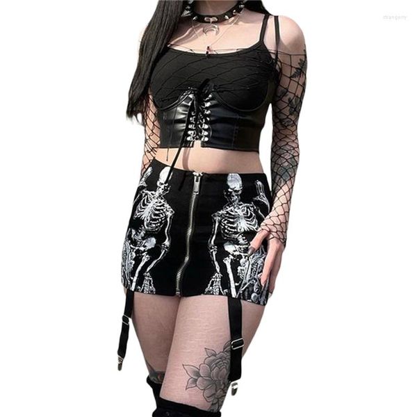 Röcke Xingqing Gothic Für Frauen 2000er Jahre Ästhetische Kleidung Skeleton Print Reißverschluss Hohe Taille Y2k Rock Schwarz Streetwear