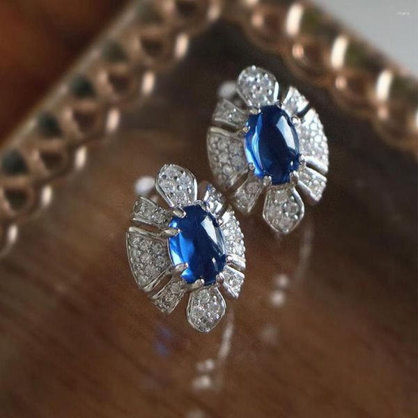 Boucles d'oreilles à tige en argent sterling WPB S925 pour femmes, bijoux de qualité supérieure avec diamant bleu ovale, cadeau de vacances pour filles