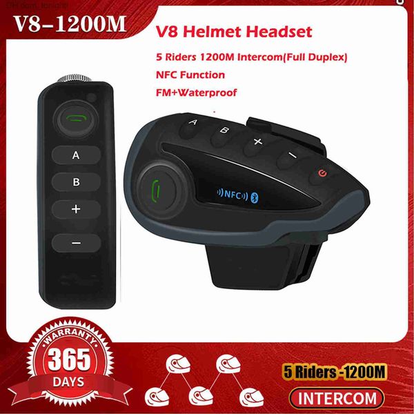 Interfono per casco moto Auricolare 1200M Interfono Bluetooth Comunicatore Full Duplex per 5 ciclisti Telecomando NPC + Radio FM Q230830