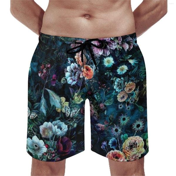 Shorts masculinos floral padrão placa verão noite jardim vintage bonito praia machos correndo rápido seco troncos de natação personalizados