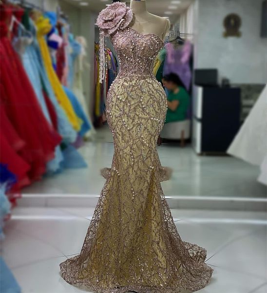 2023 Aso ebi Arabic Champagne Mermaid Prom Платье из бисера