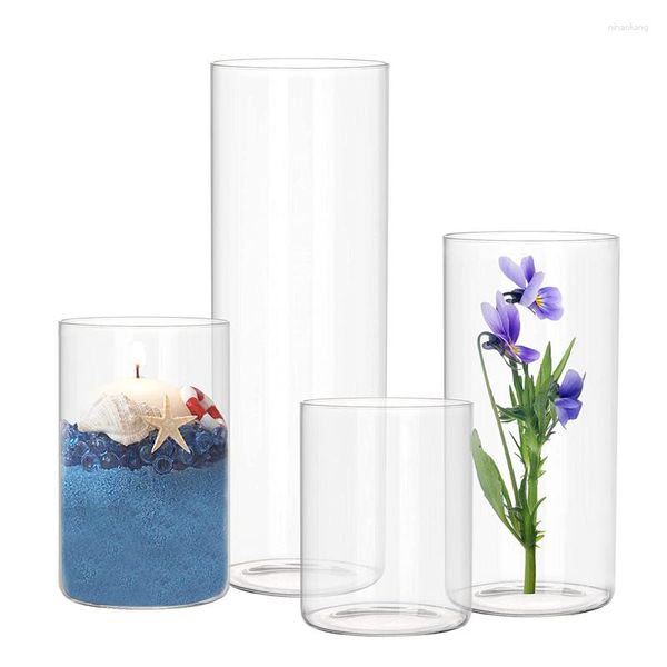 Copos de vinho soprados à mão, transparente, redondo, cilindro de vidro de borosilicato, vaso de vela para decoração de peça central de mesa de casa interna