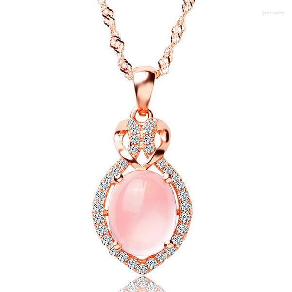 Anhänger Halsketten Rose Gold Farbe Halsreifen Rosa Opal Kette Halskette Synthetische Ross Quarz CZ Für Frauen Mädchen Geschenk Tropfen Schmuck Großhandel