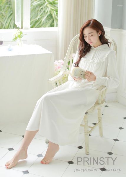 Kadın pijama bahar ve sonbahar uzun kollu kraliyet prenses gecelik tam elbise moda beyaz örgü pamuk salonu