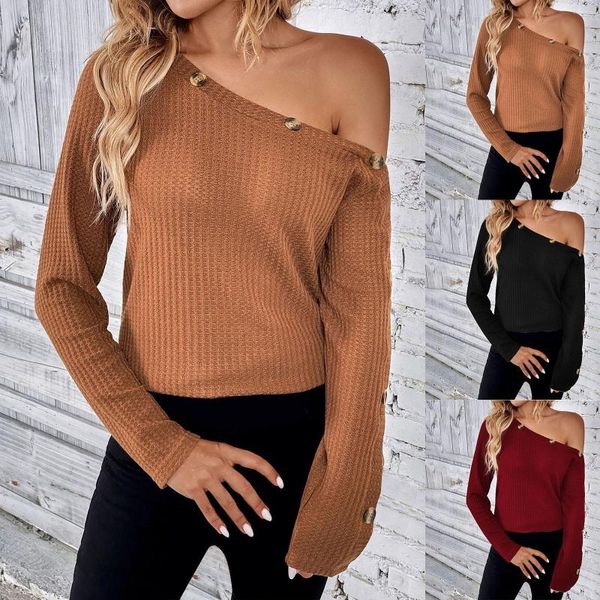 Frauen Pullover Herbst Lose Feste Taste Gestrickte Slim Fit Off Schulter Langarm Top Shirts Verstecken Schweiß Frauen T-shirts und Tops