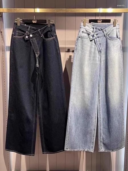 Kadın Kot Kuzuwata 2023 Sonbahar Gevşek Moda Kadın Düz Rahat Düğmesi Geniş Bacak Denim Pantolon Japon Yüksek Bel Pantolon